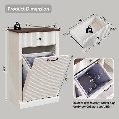 Modern Tilt-Out Trash Can Cabinet, 10 Gallon Fluted Laundry Hamper Cabinet with Drawers, Wooden Hidden Garbage Can Cabinets with Storage Basket, Free Standing for Kitchen and Living Room, White