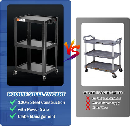 3 Shelf Metal Utility Cart with Wheels & Power Strip - Steel Mobile AV Cart for Video Projector, TV, Laptop, Computers, Printers - Height Adjustable Media Carts for Office Classroom Warehouse