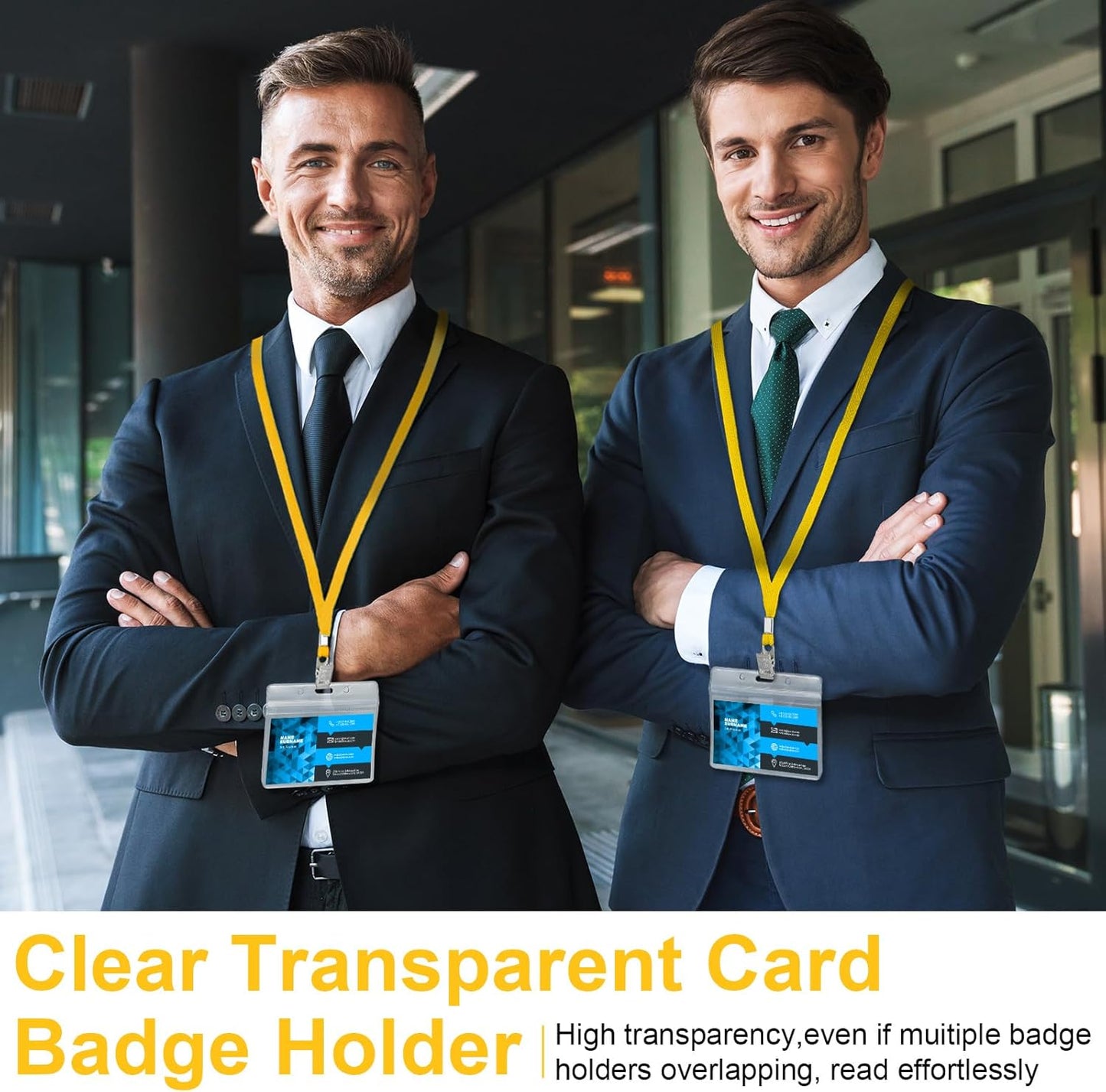 Marspark 50 Sets Clear Name Tags with Lanyard, Lanyards for ID Badges Reusable Strap with ID Holder Plastic Name Badges for Adults Business School Church Conference (Yellow)