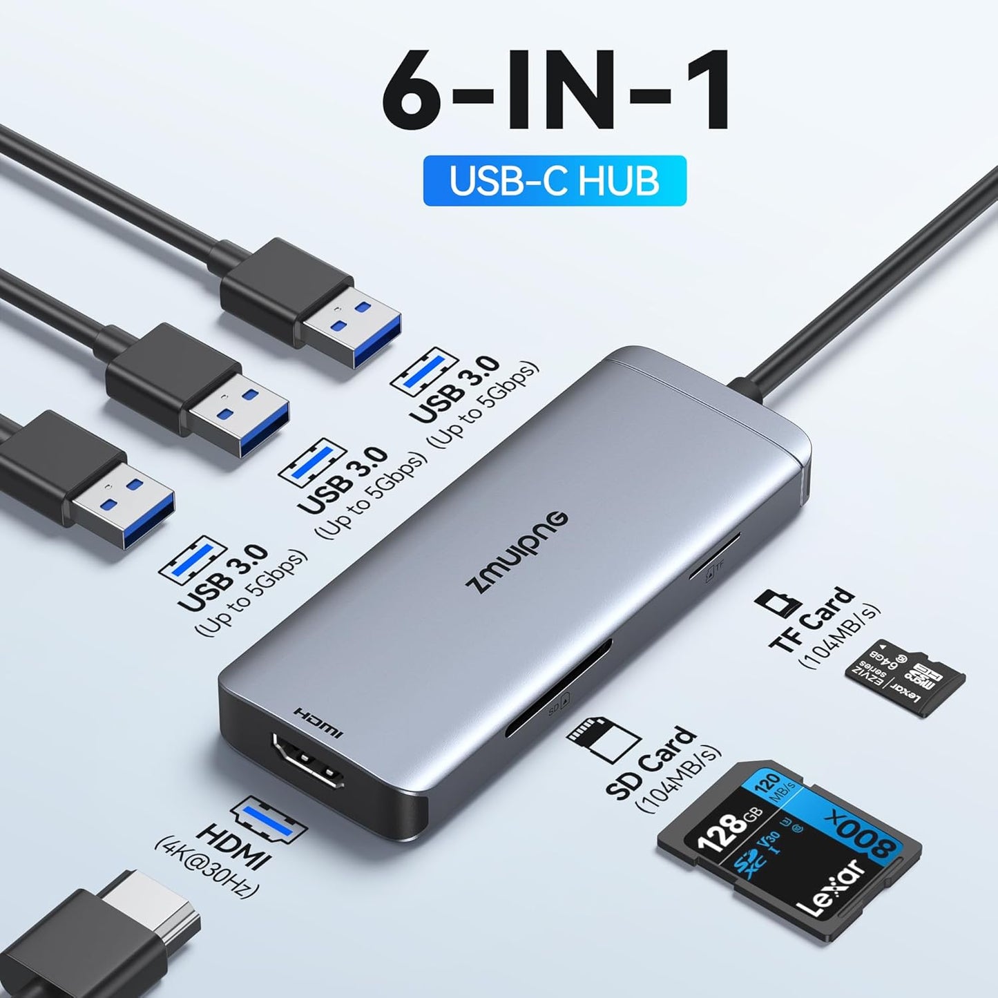 USB C Hub Adapter for MacBook Air, USB-C HD MI Dongle for MacBook Pro, 6 in 1 USBC HDMI Multiport Adapter Mac Converter with 4K HDMI, 3 USB 3.0,SD/TF for Dell XPS, HP, Surface and Other Type C Devices