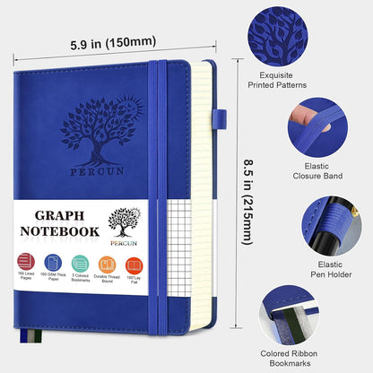 Graph Paper Notebook, 160 Pages Grid Journal for women & men, A5 Hardcover Leather Graphing Notebook for School, Work, Travel, Note Taking 5.9”x8.5” (Navy)