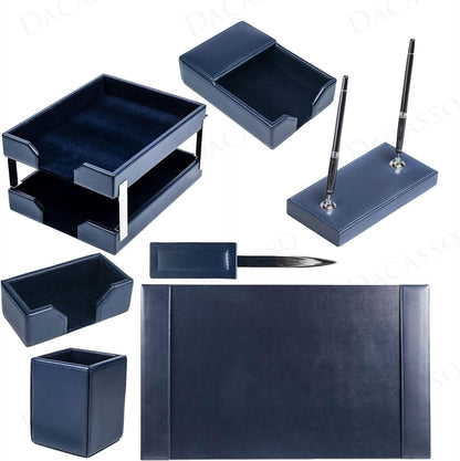 Dacasso Navy Blue Bonded Leather Luxury 9-Piece Desk Set - Blotter Pad & Desk Organization Essentials - Executive Decor and Surface Protector