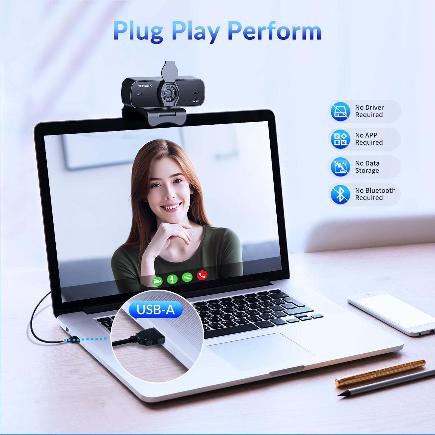 4K Webcam for PC with Sony Sensor, Auto Focus & Privacy Cover, Ultra HD 4K Streaming Camera with Tripod, 2 Noise-Cancelling Mics, USB Plug & Play, 77° FOV, Web Camera for Zoom, Skype, Teams