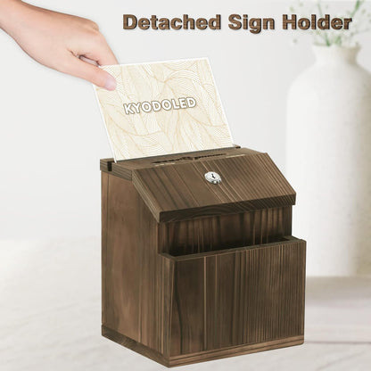 KYODOLED Wood Suggestion Box with Lock Wall Mounted, Rustic Ballot Donation Key Drop Box with Clear Acrylic Sign Holder and 30 Free Suggestion Cards 9H x 6.9W x 8.5L Inch