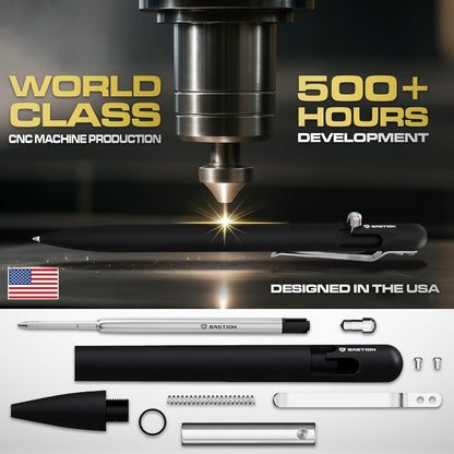 BASTION® Luxury Slim Bolt Action Pen, Lightweight Aluminum EDC Pen with Fine Tip, Professional Ballpoint Pen for School and Work - Black