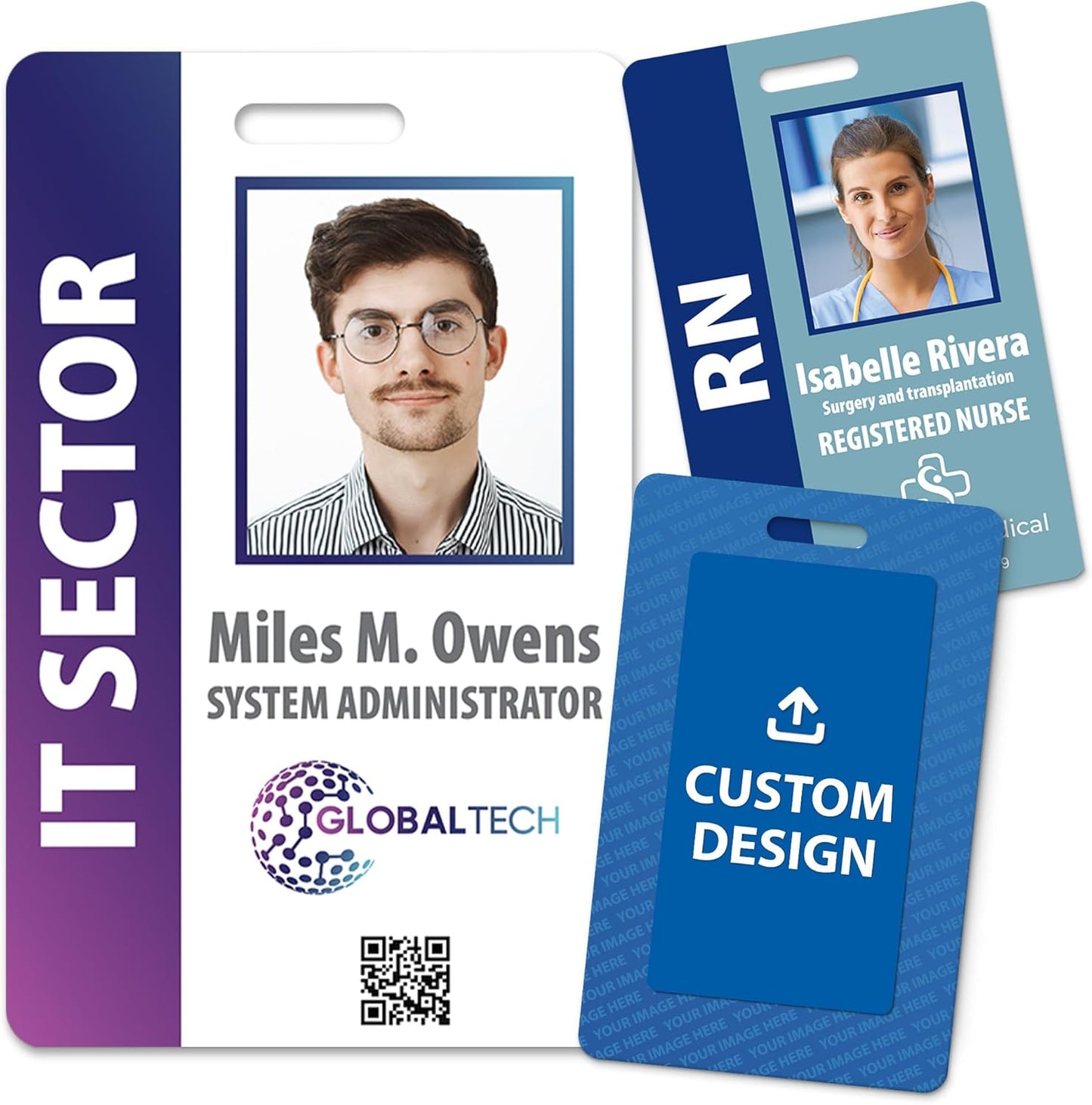 Custom Print Employee ID Badge with Vertical Side Text, Double Sided Print with Name, Photo, Logo, and Barcode – Unique Photo ID Card Solution (ID Vertical)