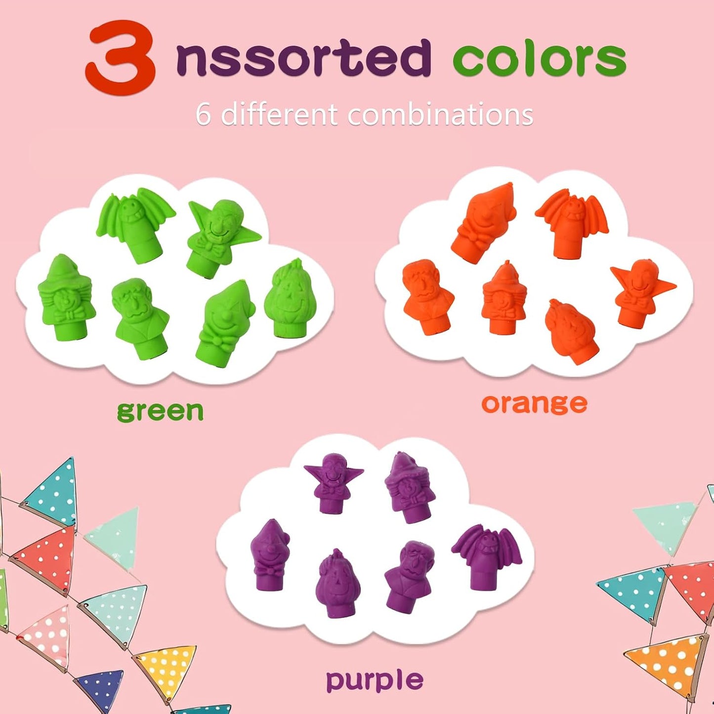 18 Pcs Pencil Cap Erasers, Assorted Tri Color Eraser Toppers for Homework, Drawing Desk Organization