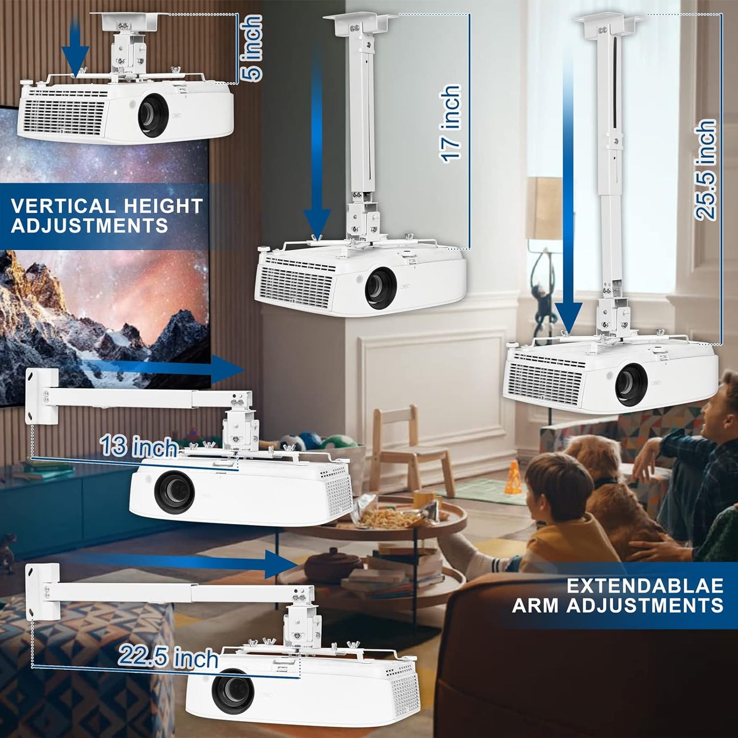 Adjustable Projector Ceiling/Wall Mount - 3-in-1 Universal Bracket for Projector Mounting, Universal Height Adjustable Mount Holder with Extension Pole