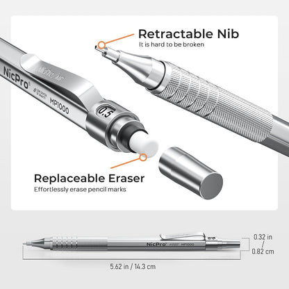 Nicpro 45PCS Black & Silver Metal Mechanical Pencil Set in Leather Case, Art Drafting Pencil 0.5, 0.7, 0.9 mm, 2mm Lead Holders for Sketching Drawing With 27 Tube (6B 4B 2B HB 2H 4H Colors)Lead Refill