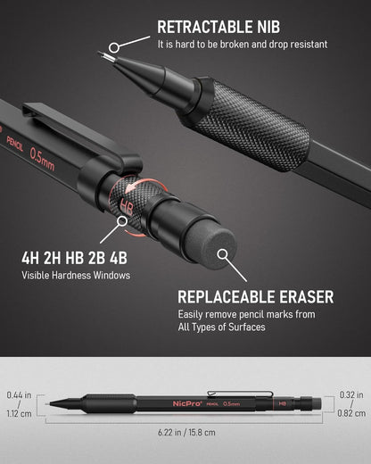 Nicpro 0.5 mm Mechanical Pencil Set with Case, 3PCS MP2000 Metal Artist Mechanical Pencil With 6 Tube HB Lead Refills, Eraser, Weatherproof Barrel for Outdoor Writing Drafting Drawing Sketching