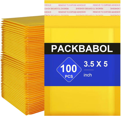 packbabol Kraft bubble mailers 3.5x5 Inch 100 Pack,Self-Sealing Paper Envelopes for Packaging,Strong Adhesion Envelope Mailers, Small Waterproof Cushioned Padded Shipping Bags Yellow #0000