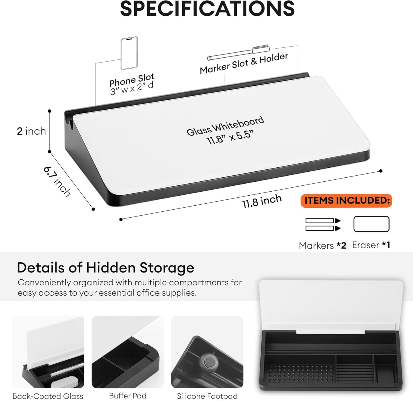 Glass Desktop Whiteboard with Storage 12"x6.5", Glass Whiteboard Desk Dry Erase Board w. 2 Markers,1 Eraser Monitor Mono Board, Office Desk Accessories, Work from Home Essentials