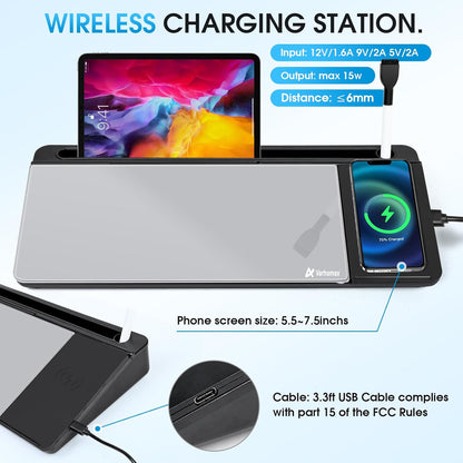 Varhomax Glass Desk Whiteboard with Wireless Charger, Desktop Organizer Dry Erase White Board with Storage, to Do List Memo Notepad for Home and Office Supplies (Black & Gray)