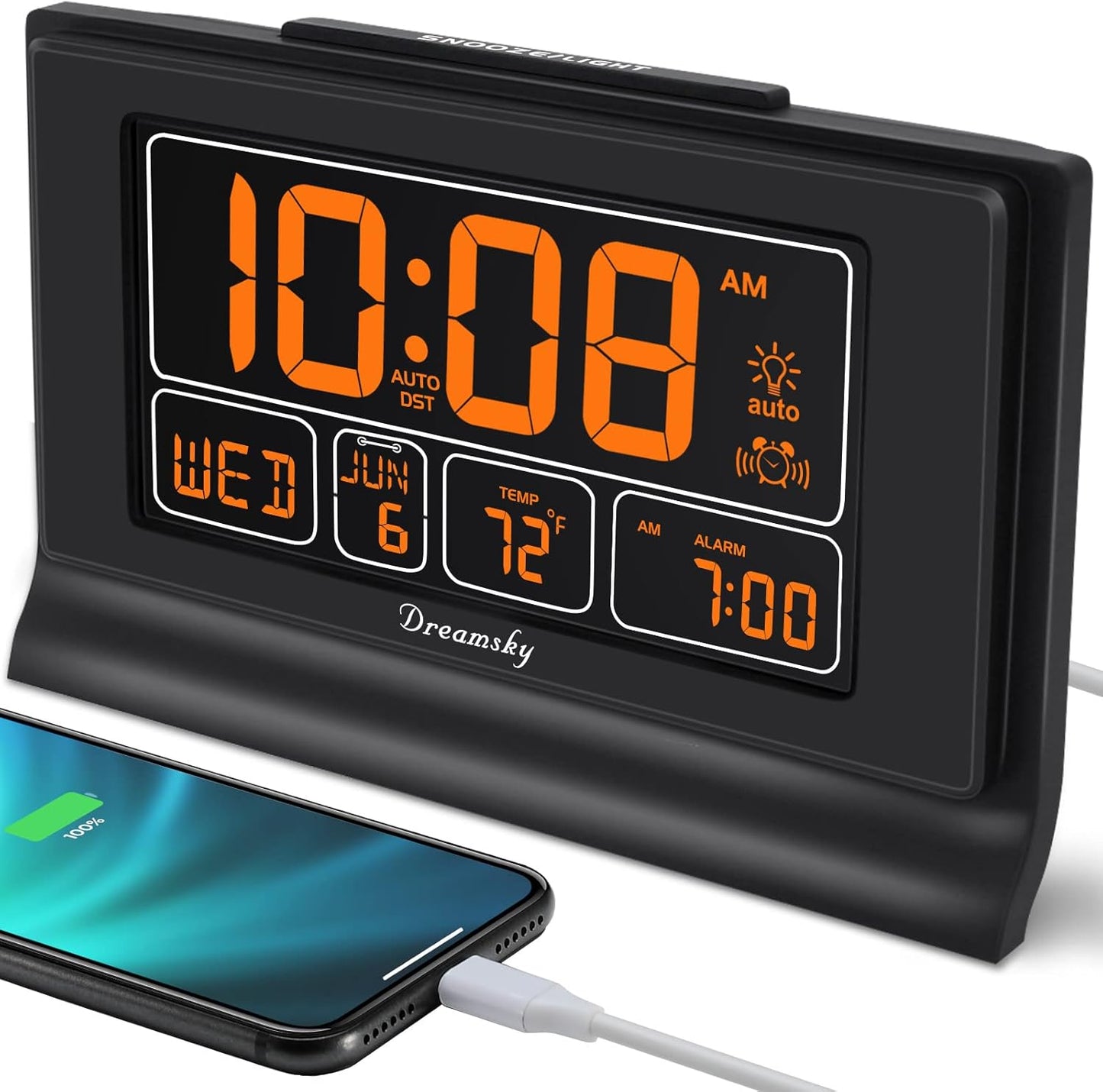 DreamSky Digital Alarm Clock with Battery Backup, 5 Inch Large Display, Auto Set Clock, USB Charging Ports, 12/24H