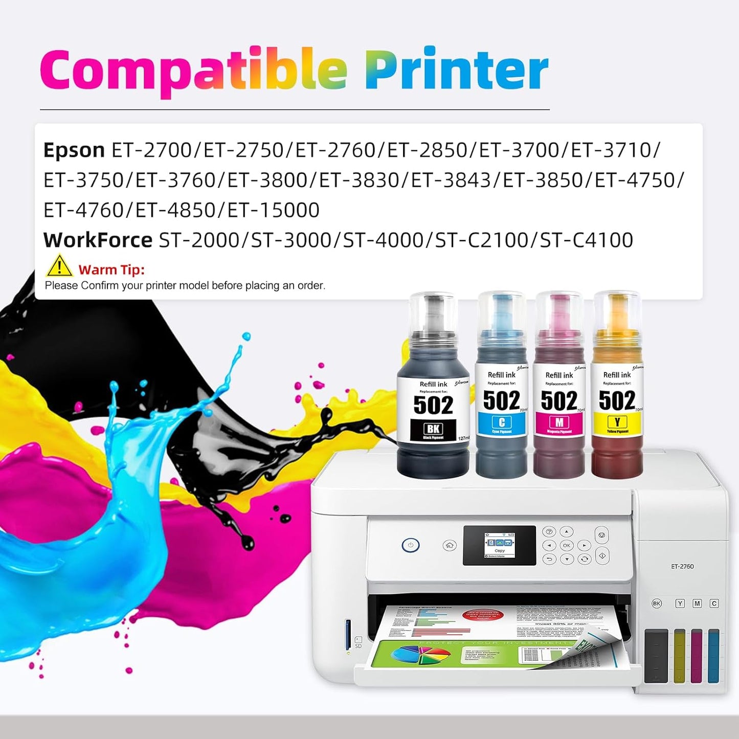 T502 502 Ink Refill Bottles Compatible for Ecotank ET2760 ET-4760 ET2750 ET-3760 ET-2850 ET-15000 ST-4000 ST-2000 ET-3710 ET-3850 ET-3750 ET-4850 ET-3830 ET4750 ET2700 Printers (BK C M Y)
