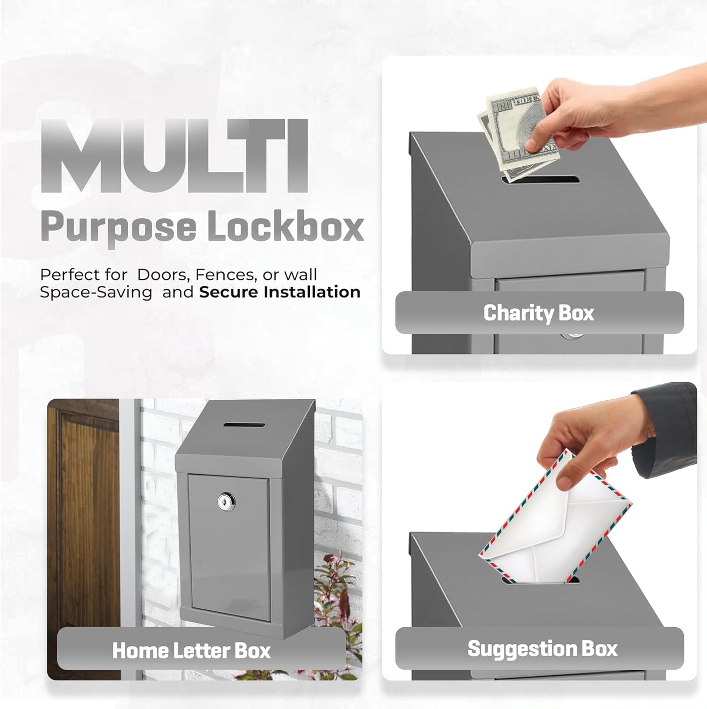 Metal Donation Box-Suggestion Box with Slot and lock-Cash Lock box for Money-Secure Drop Box-Comment and ballot voting box-comes with pre-drilled holes for easy wall mounting 10 X 6 X 2.5"(Grey)