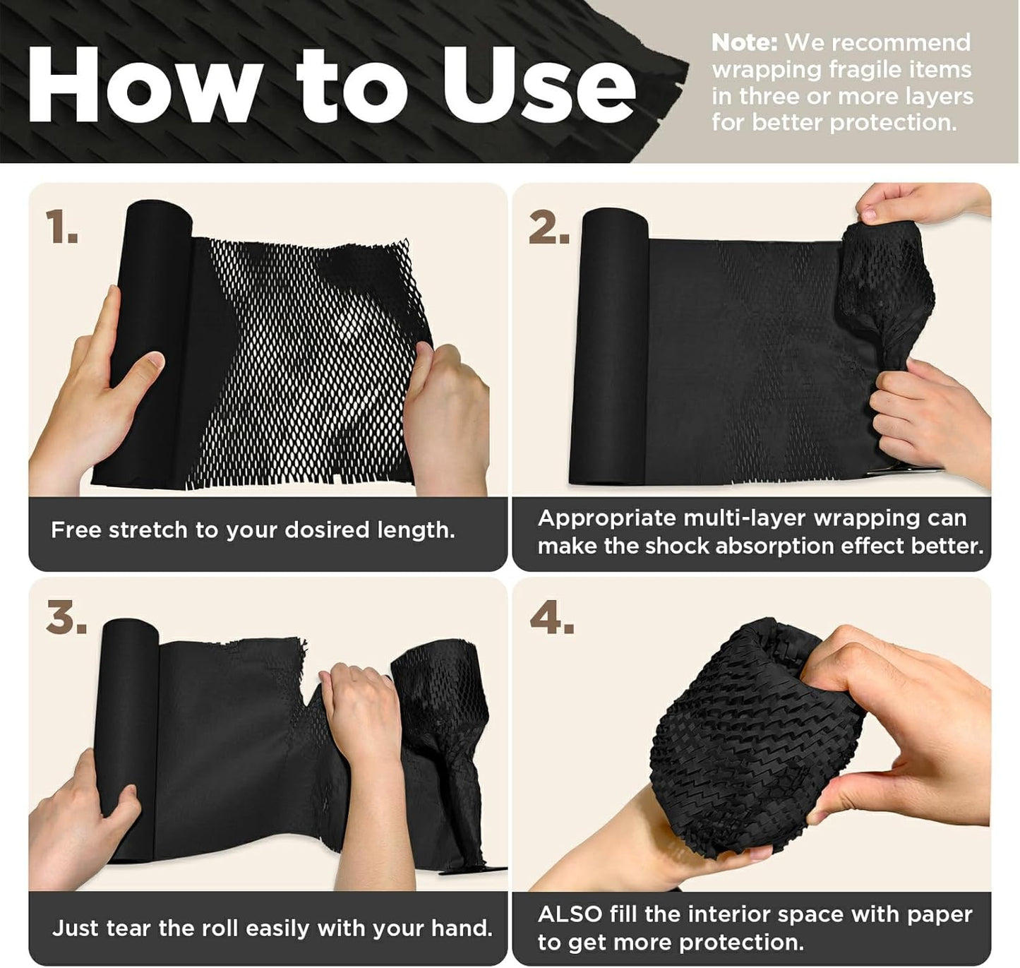 Honeycomb Packing Paper, 12"x50' Black | Perforated Honeycomb Packing Paper Recyclable Moving Supplies for Shipping & Moving | Plastic-Free Alternative to Bubble Cushion Wrap with 36 Fragile Stickers