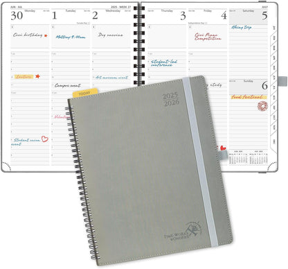 POPRUN Planner 2025-2026 (Large - 8.5'' x 10.5'') Academic Weekly Calendar (July 2025 - June 2026) with Hourly Time Slots, Monthly Tabs, 100GSM Thick Papers, Spiral Leather Cover - Grey