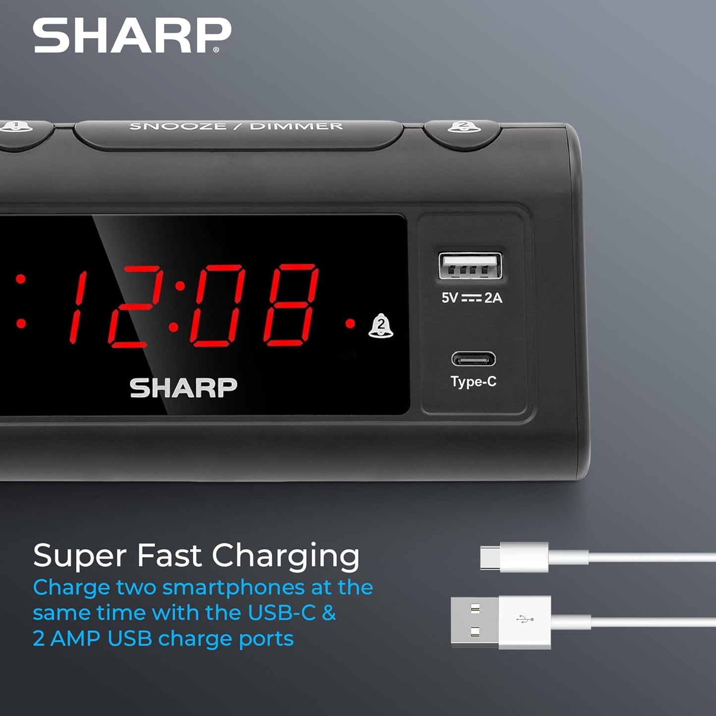 Sharp Alarm Clock for Bedrooms, Super Fast USB-C Charging and Fast 2 Amp USB Charging, 2 Alarms, 3-Step Dimmer, Snooze, Easy to Set Controls, Black with Red LED Display