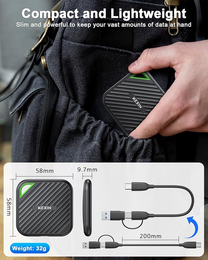 KEXIN 2TB Portable SSD USB C External SSD Up to 2000MB/s External Solid State Drive USB 3.2 Gen 2x2 Type-C Portable Solid State Drive for PC Mac Game Console
