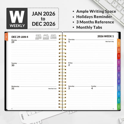 SUNEE 2026 Weekly and Monthly Planner - from January 2026 - December 2026, 6.4" x 8.3" Daily Agenda Planner with Monthly Tab, Flexible Cover, Note Pages, Pockets, Bookmark, Spiral Binding, Black