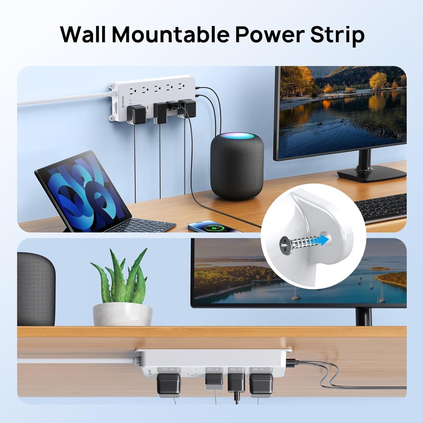 TROND Power Strip Surge Protector, 4000J, ETL Listed, 10 Widely Spaced Outlets, 2 USB A & 2 USB C Ports, Flat Plug Power Strip, 10ft Long Extension Cord, Wall Mountable, for Home Office Garage, White