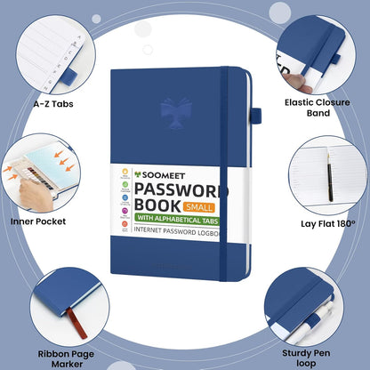 Password Book with Alphabetical Tabs, Hardcover Password Keeper, Size 4.4''x 6.1'' Password Notebook for Saving Internet Login, Username, Password Organizer for Computer & Website Logins, Blue