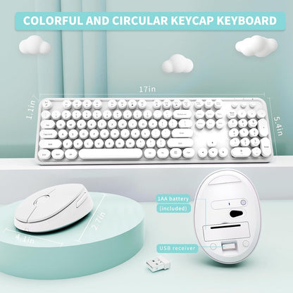 Wireless Keyboard and Mouse Combo, Ergonomic Full Size Typewriter Retro Round Keycaps Keyboard, Compatible with Windows, PC, Perfer for Home and Office Keyboards（White）