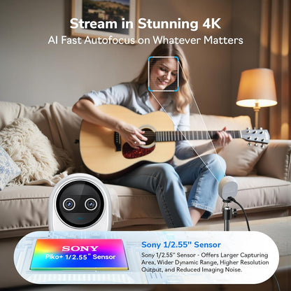 EMEET Piko+ Webcam 4K, World’s 1st Dual-Camera AI-Powered 4K Camera, 1/2.55'' Sony Sensor, 3 Mics&3 Sound Modes, Panda Magnetic Privacy Cover, USB C-C&C-A, Ideal for Livestreamers and Content Creators