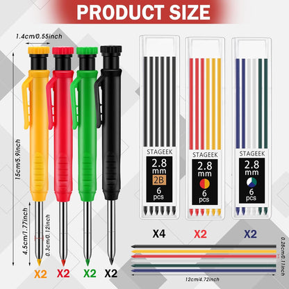 8 pack 2.8mm Mechanical Carpenter Pencils with 48 Refills, Construction Pencils with Built-in Sharpener, Long Nib Deep Hole Marker, Heavy Duty Woodworking Tools(Black+yellow+red+green)