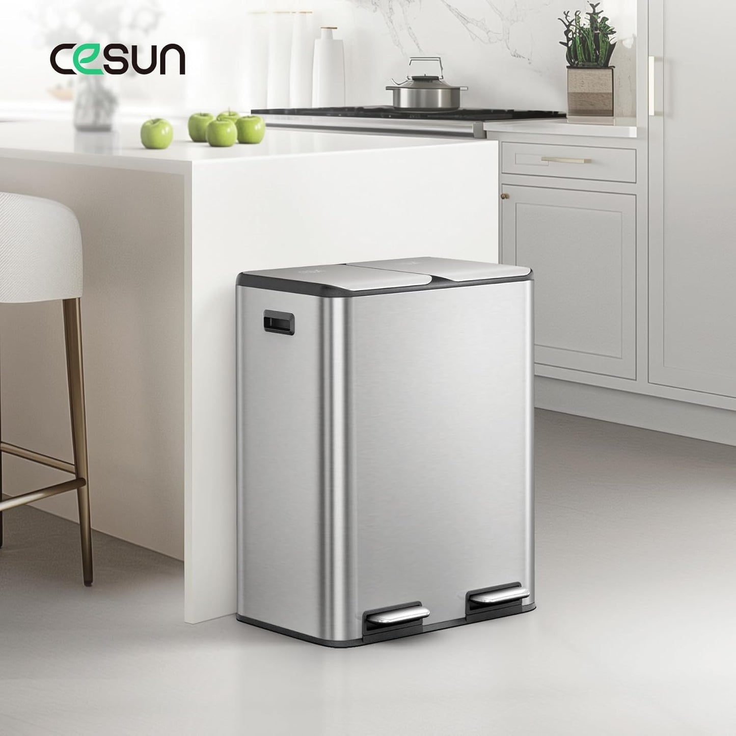Cesun Kitchen Trash Can, 8 + 8 Gallon Dual Trash and Recycle Bin Combo, 2 Compartment Stainless Steel Kitchen Garbage Can with Lid, Removable Inner Buckets, Soft Close, Odor Filter, 30L+30L