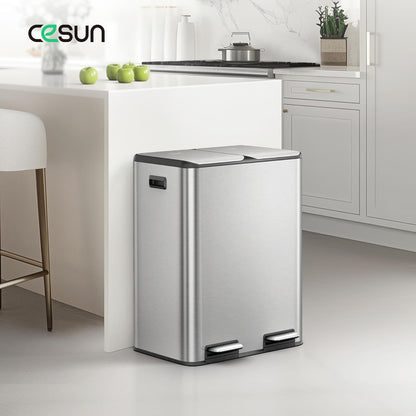 Cesun Kitchen Trash Can, 8 + 8 Gallon Dual Trash and Recycle Bin Combo, 2 Compartment Stainless Steel Kitchen Garbage Can with Lid, Removable Inner Buckets, Soft Close, Odor Filter, 30L+30L