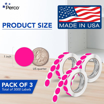 Perco Fluorescent Pink 1-Inch Round Circle Dot Sticker Labels - Multi-Roll Pack (3 Rolls, 1,000 Labels Each) - Permanent Adhesive, Vibrant Colors, Strong Hold - Perforated for Easy Use - Made in USA