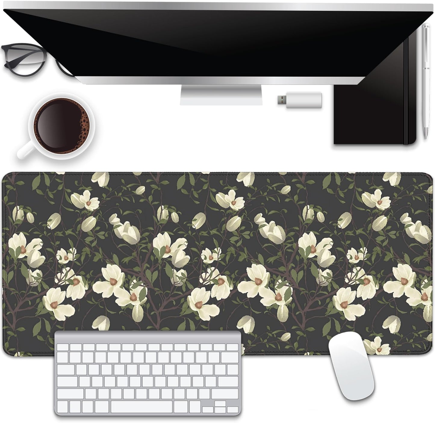 Magnolia Flowers Desk Pad Mouse Pad,Large Floral Mouse Mat with Stitched Edges,Non-Slip Rubber Base Black Mousepad for Office PC Keyboard Laptop and Home Work Desk Mat(27.5X11.8 in)