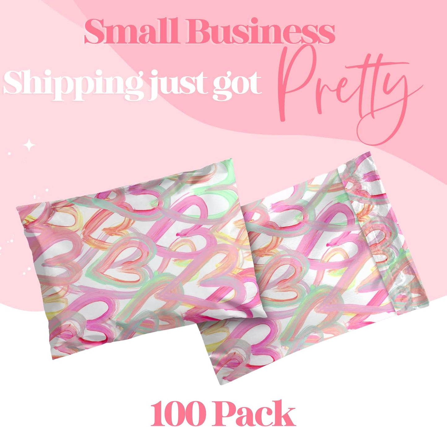 14.5x19 Designer Poly Mailer 100 Pack Heavy Duty Waterproof Self Seal Shipping Bags for Small Business Large Mailing Envelopes Bulk Tear Resistant Cute Packaging Happy Hearts