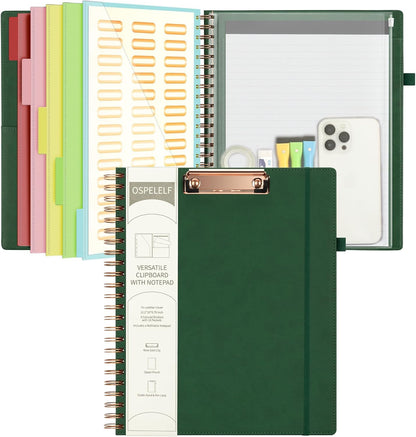 Ospelelf Leather Clipboard Folio with Notepad for Letter Size, Spiral Clipboard Folder with Storage Zipper Pouch, 5 Folders with 10 Pockets, 39 Divider Label Stickers, Pen Loop Series (Green)