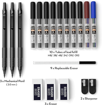 Nicpro Black Metal 2.0 Mechanical Pencil Set with Case, 3 PCS Drafting Lead Holder with 2mm Graphite Lead Refill (HB 2H 4H 2B 4B) & Colors, Sharpeners, Erasers for Artist Writing, Drawing, Sketching