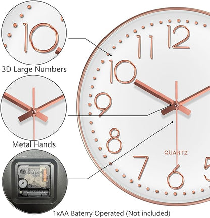 Modern Silent Wall Clock - 12 Inch Wall Clocks Battery Operated Large Number, Non-Ticking Analog Clock with Tempered Glass Quartz Clocks for Living Room Bedroom Office Kitchen, Rose Gold