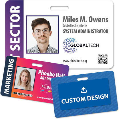 Custom Print Employee ID Badge with Vertical Side Text, Double Sided Print with Name, Photo, Logo, and Barcode – Unique Photo ID Card Solution (ID Horizontal)