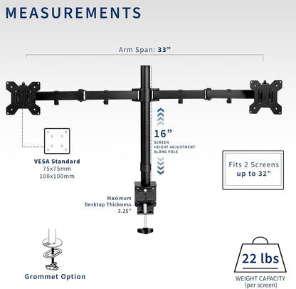 VIVO Dual Monitor Desk Mount, Heavy Duty Fully Adjustable Stand, Fits 2 LCD LED Screens up to 32 inches and 22 lbs Each, Black, STAND-V032