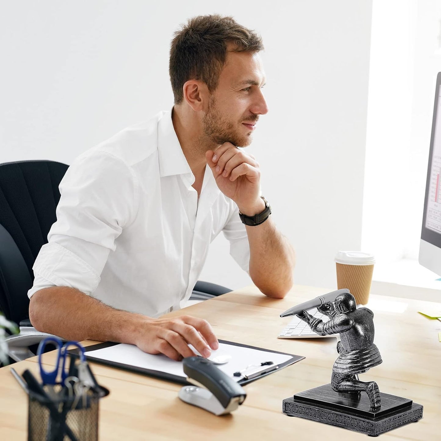 Spakon Knight Pen Holder with 2 Pens Resin Desk Organizers and Accessories Funny Executive Pen Stand Fancy Cool Office Gadgets Cool Desk Decorations for Men Home Supplies(Classic,Iron)