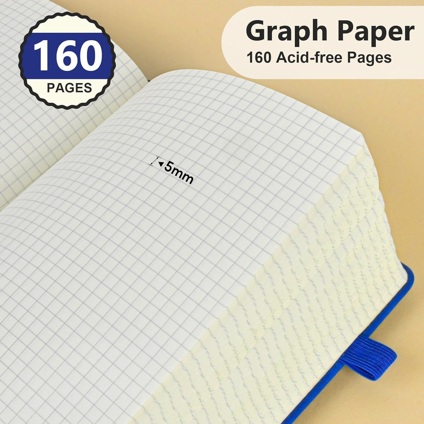 Graph Paper Notebook, 160 Pages Grid Journal for women & men, A5 Hardcover Leather Graphing Notebook for School, Work, Travel, Note Taking 5.9”x8.5” (Navy)