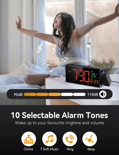 Netzu Projection Clock for Bedroom Ceiling, Alarm Clocks with 180° Rotatable Projector, Date Temperature and Weekday, Manual DST, 5 Brightness, 10 Ringtones, 4 Volumes and Snooze