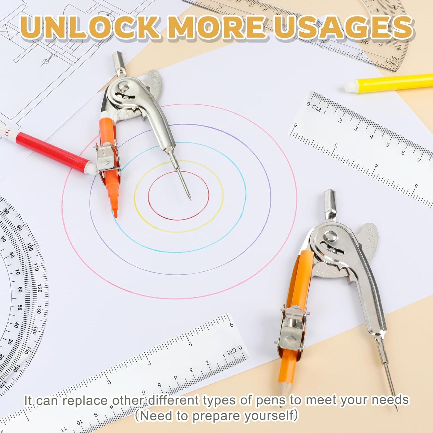 40 Pieces Geometry Math Set Compass for Geometry Math Compass and Protractor Set Include Metal Compass with Pencil Plastic Ruler and Protractor for Student School Office Woodworking Drawing Tools