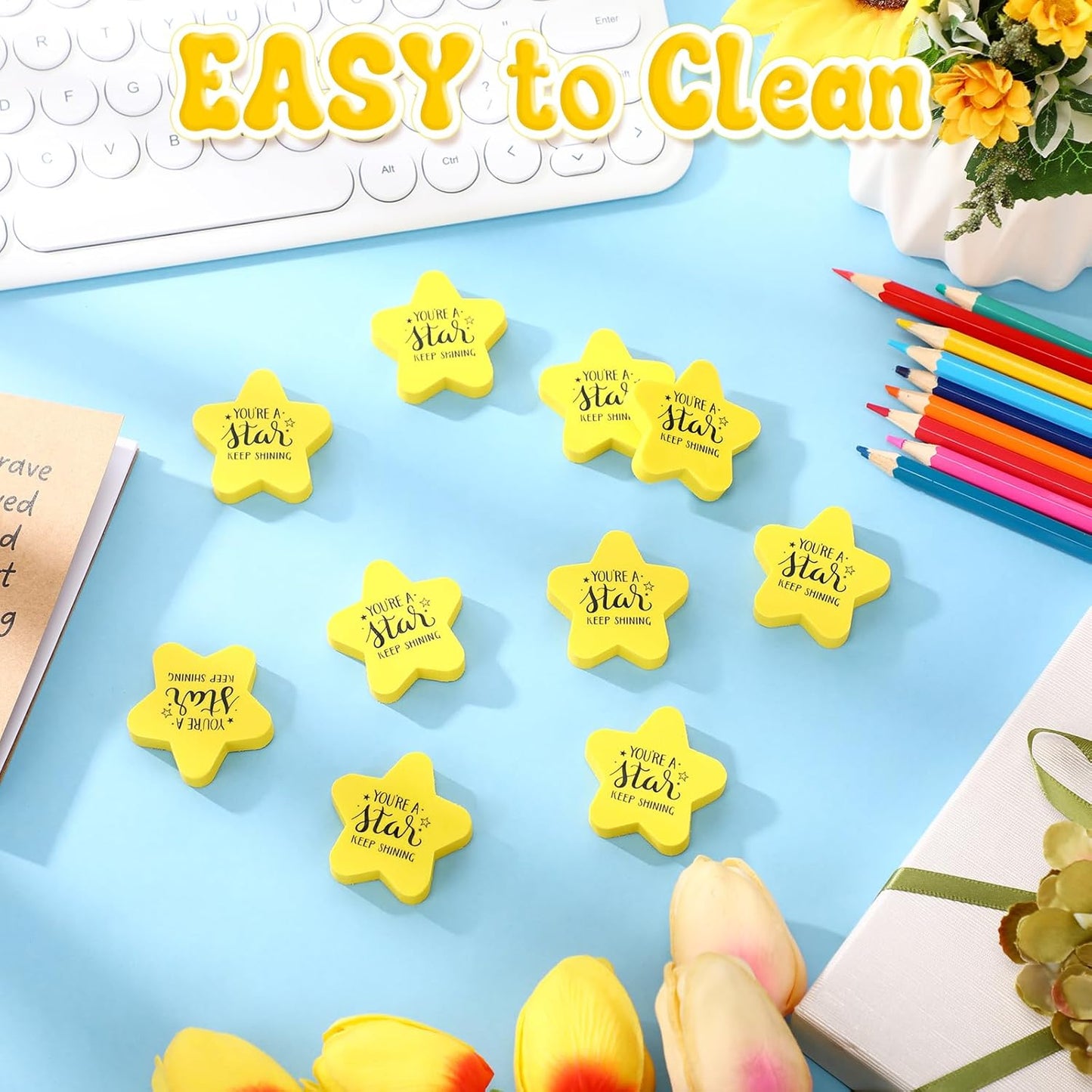 Spakon 50 Pcs Inspirational Star Erasers for Kids Bulk Cute Back to School Erasers 1.57" Fun Eraser for Classroom Prize You're A Star Yellow Motivational Gift for School Student Rewards