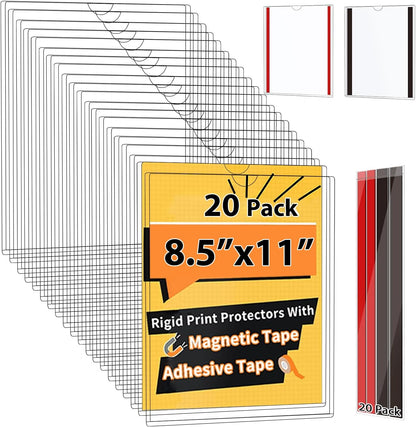 20 Pack Magnetic Sign Holder 8.5 x 11 - Wall Sign Holder Rigid Plastic Sign Holder with Magnet Strips and Adhesive Strips - Magnetic Display Frame Door Sign Holder
