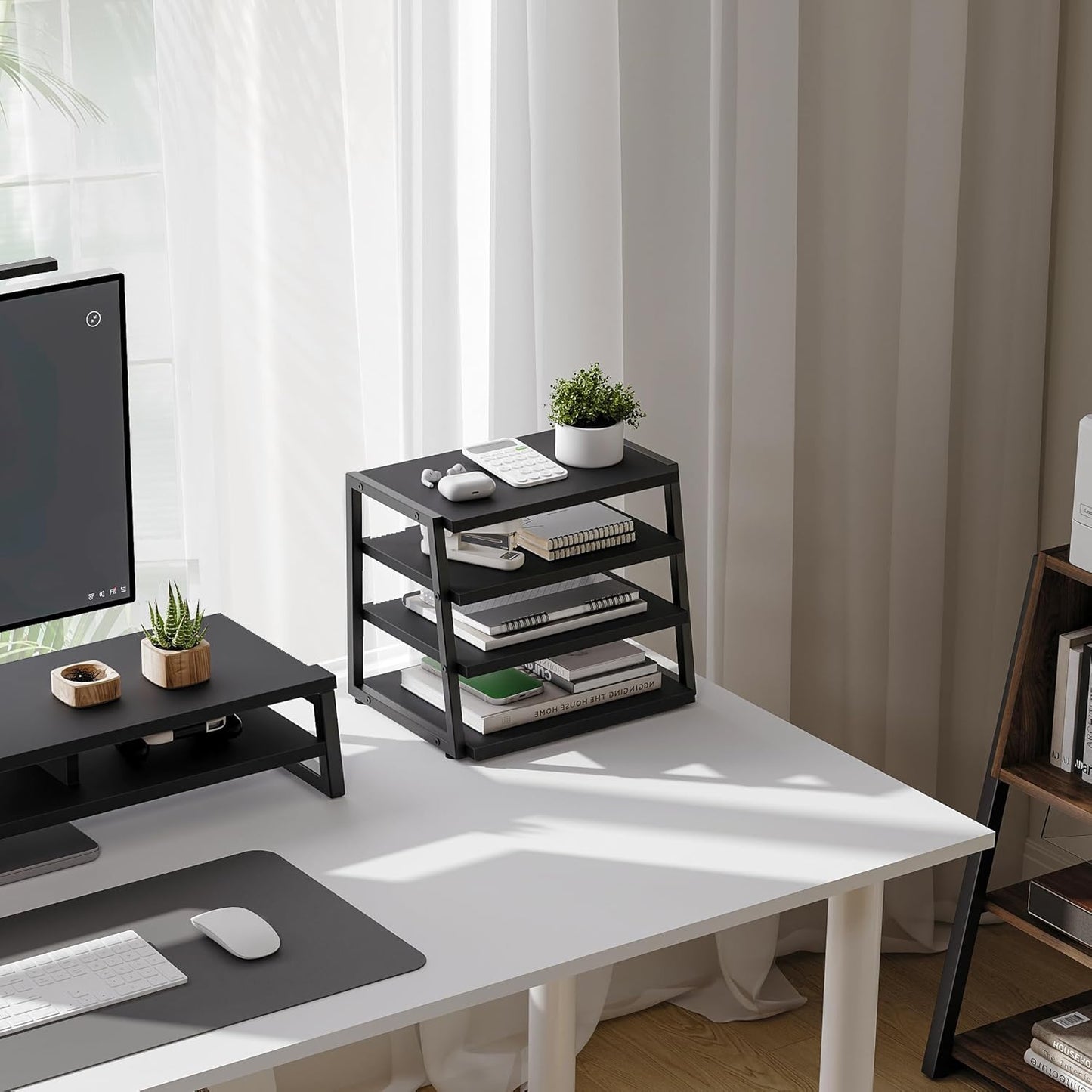 Fenge Desk Shelf Organizer, 4 Tier Desktop Shelf, Wood and Metal Office Shelves, Corner File Organizer for Office Supplies, Top of Desk Organizers and Accessories