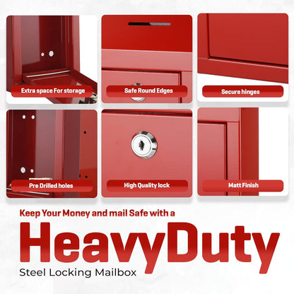 Metal Donation Box-Suggestion Box with Slot and lock-Cash Lock box for Money-Secure Drop Box-Comment and ballot voting box-comes with pre-drilled holes for easy wall mounting 10 X 6 X 2.5"(Red)