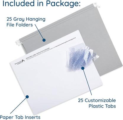 25 Blue Summit Supplies Grey Hanging File Folders Letter Size - Durable 11pt Paper, Hanging File Folders Gray, Plastic Tabs and Inserts Included, Perfect for Office Organization