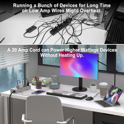 HEZI 20A Power Strip Surge Protector Durable Metal 8-Outlet with Heavy Duty 20 Amp Extension Cord,12 Gauge for Garage,Workshop & Industrial Use with 6-20R T-Slot Outlets,4800J(Grey,10FT)